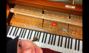 An aerial shot of the inside of a piano with tools sitting on a ledge. Rae's face peeks into the bottom of the shot.